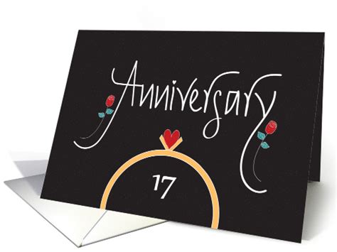 17th Wedding Anniversary, Wedding Rings, Heart and Red Roses card