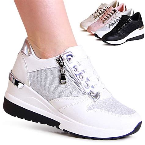 Damen Keilabsatz Sneaker Keil Glitzer Halbschuhe Plateau Turnschuhe