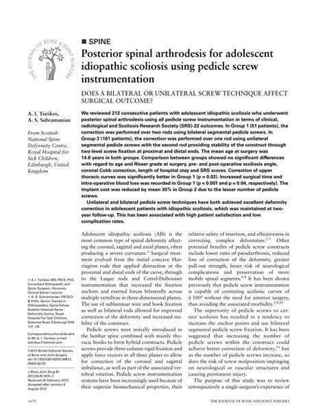 Pdf Posterior Spinal Arthrodesis For Adolescent Idiopathic Scoliosis Using Pedicle Screw