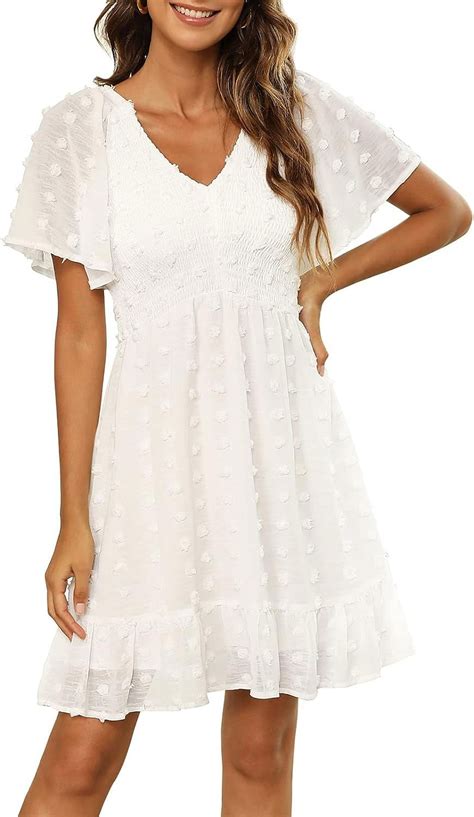 Womens 2024 Summer Smocked Dress Short Flutter Sleeve V Neck Dot