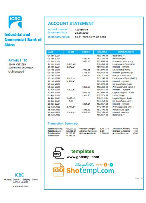 China Industrial And Commercial Bank Of China Bank Statement Template