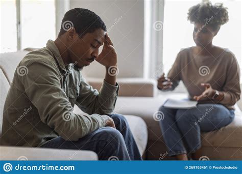 Upset Black Guy Suffering From Depression Visiting Psychotherapist Stock Image Image Of