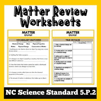 Matter Review Worksheets EOG Test Prep Study Guide 5 P 2 TPT