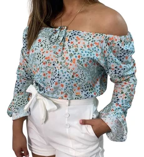 Blusa Ciganinha Manga Longa Flare Lb Sofia Floral Azul Claro