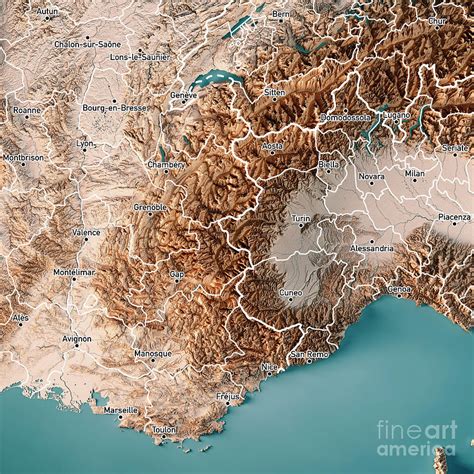 French And Italian Alps 3D Render Topographic Map Neutral Border