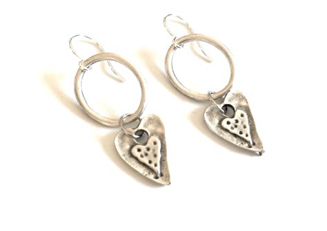 Heart Earrings Silver Dangle Long Drop Hoop Tibetan Style Etsy