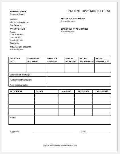 Patient Discharge Form Template MS Word | Printable Medical Forms, Letters & Sheets