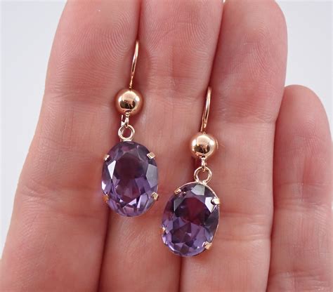 Vintage Antique 14k Rose Gold European Gemstone Dangle Drop Earrings