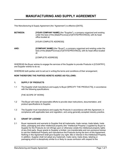 Free Manufacturing Agreement Template