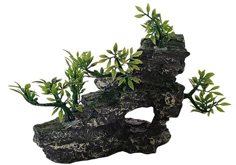 Aquarium Rock Decor With Artificial Plants 13cm High X 19cm Wide