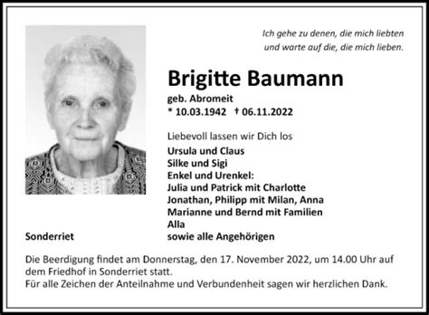 Traueranzeigen Von Brigitte Baumann Trauerportal Ihrer Tageszeitung