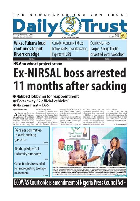 Nigerian Newspapers Daily Front Pages Review Monday 27th November 2023