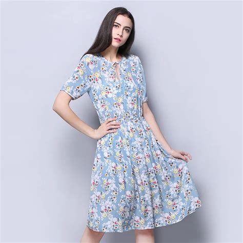 100 Silk Crepe Dress Light Blue Floral Printed Short Sleeve Summer Dresses Wholesale Online