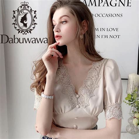 Dabuwawa Elegant Lace Deep V Neck Blouse Women Casual Solid Puff Sleeve