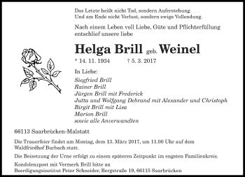 Traueranzeigen Von Helga Brill Saarbruecker Zeitung Trauer De