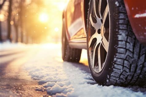 Premium AI Image Winter Snowy Car Tires In The Snowing Winter Season