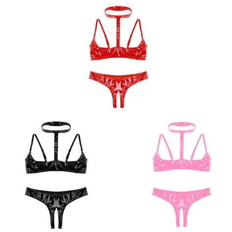 Nyeemya Pcs Womens Wet Look Patent Leather Lingerie Set Open Cups Shelf Bra Top With Open