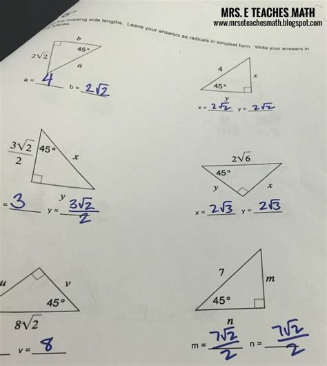 Special Right Triangles Worksheet