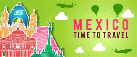 Green Banner Of Mexico Famous Landmark Silhouette Colorful Style