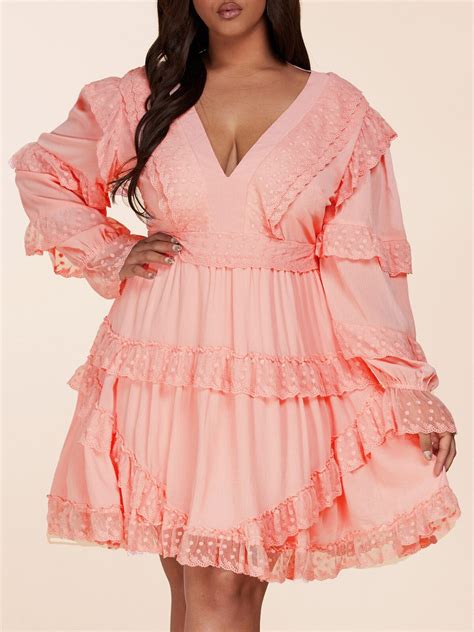 Plus Size Long Sleeve V Neck Ruffle Back Lace Up Mini Dress