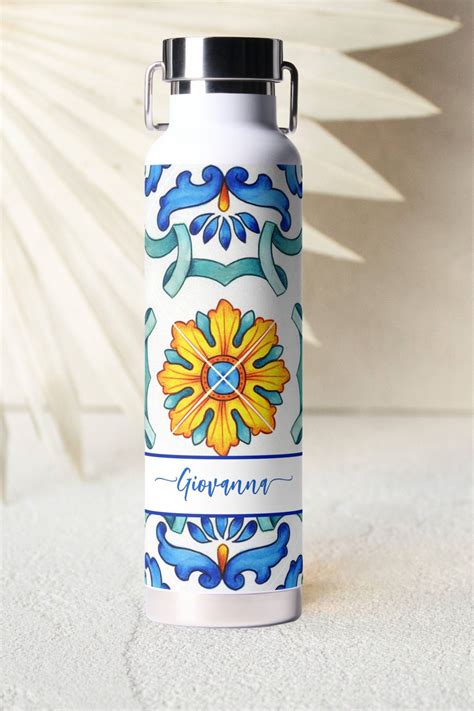 Mediterranean Majolica tiles print blue and yellow Water Bottle