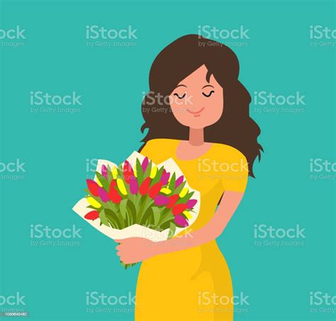 Happy Girl Holding A Bouquet Of Flowers Stock Illustration Download