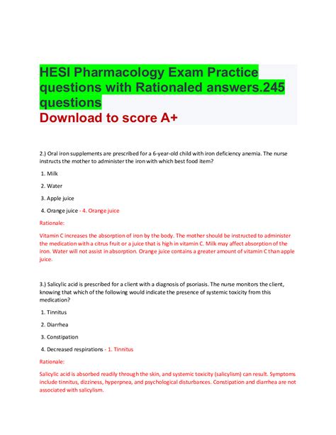 HESI Pharmacology Exam Practice Questions With Rationale Answers 245