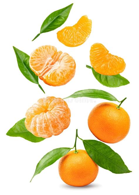 Flying Mandarins With Green Leaves And Slices Isolated On White