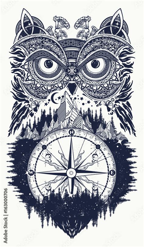 Owl and compass tattoo art. Owl in ethnic celtic style t-shirt design ...