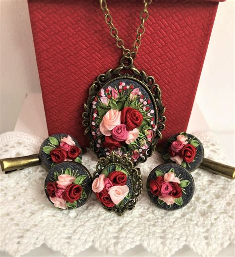 Jewelry Set Silk Ribbon Embroidery Jewelry Red Roses Ribbon Etsy