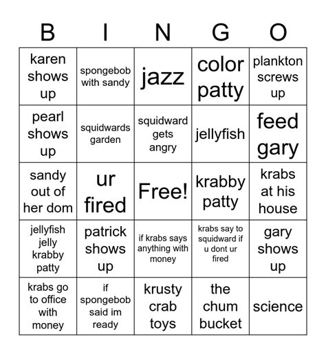 spongebob bingo Card