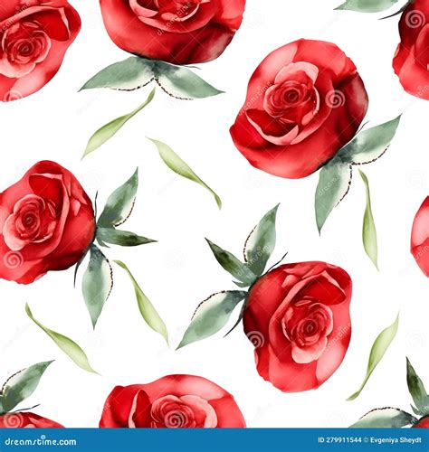 Watercolor Hand Painted Seamless Floral Pattern With Red Roses Stock