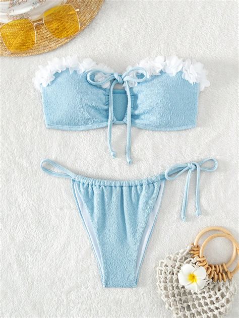 Appliques Drawstring Front Bandeau Bikini Swimsuit SHEIN USA