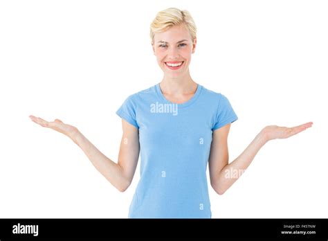 Happy Blonde Woman Gesturing Hi Res Stock Photography And Images Alamy