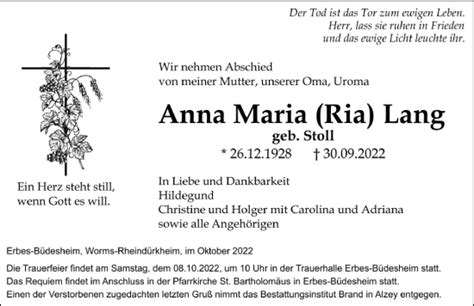 Traueranzeigen Von Anna Maria Lang Vrm Trauer De