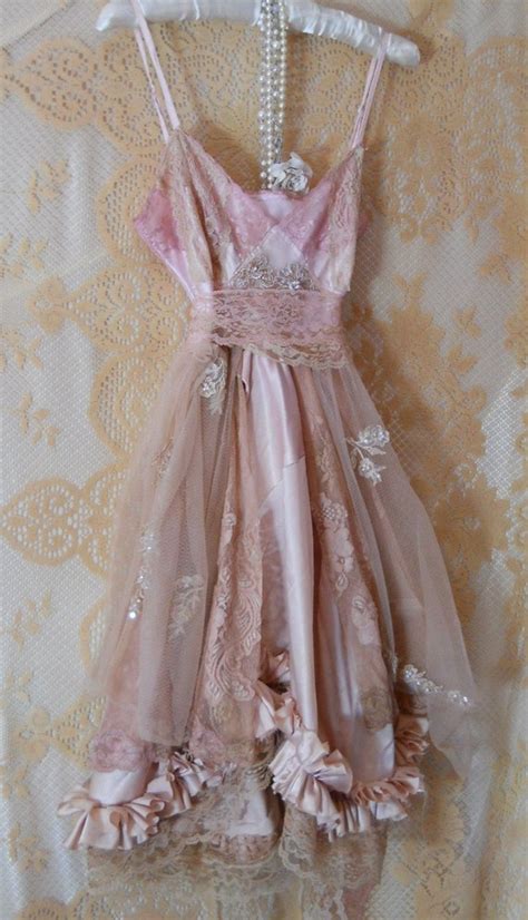 Pink Nude Lace Baby Doll Slip Dress Beading Rose Romantic