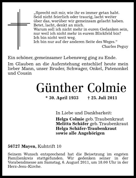 Traueranzeigen von Günther Colmie rz trauer de