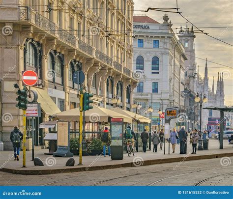 Urban Street Scene At Historic Center Of Milan Editorial Photography