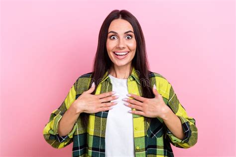 Photo Of Impressed Cheerful Lady Toothy Smile Arms Touch Chest Cant Believe Isolated On Pink