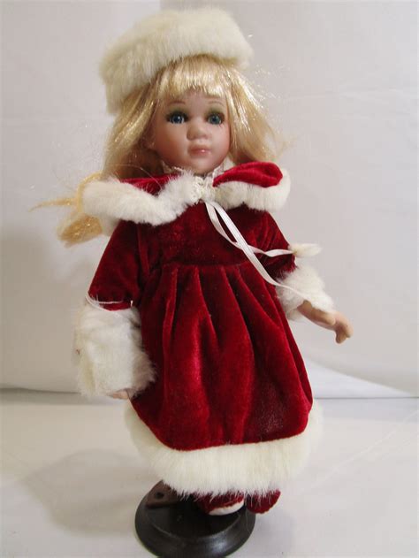 Vintage Porcelain Doll - Red Velvet Dress, White Fur Collar, Cuffs, Hem
