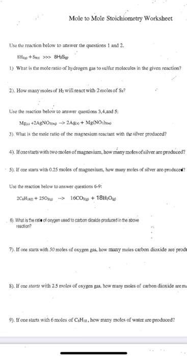 Solved Mole To Mole Stoichiometry Worksheet Use The Reaction Chegg