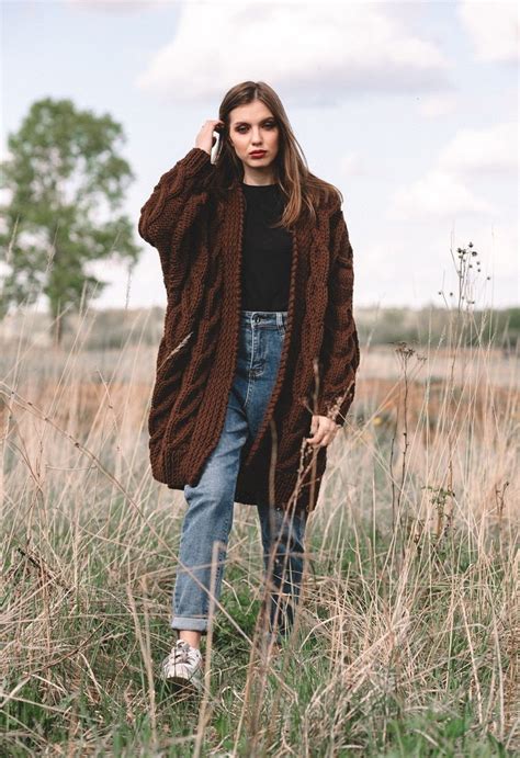 Cardigans Dark Brown Womens Oversized Knitted Cardigan Etsy