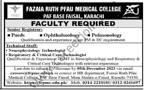 Fazaia Ruth PFAU Medical College Jobs December 2023