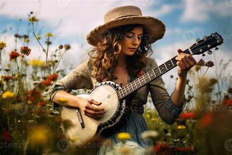 Feminine Woman Playing Banjo In Wildflower Generative By Ai