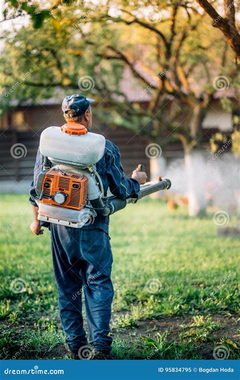 Agriculture Farmer Spraying Organic Pesticides On Fruit Growing Garden