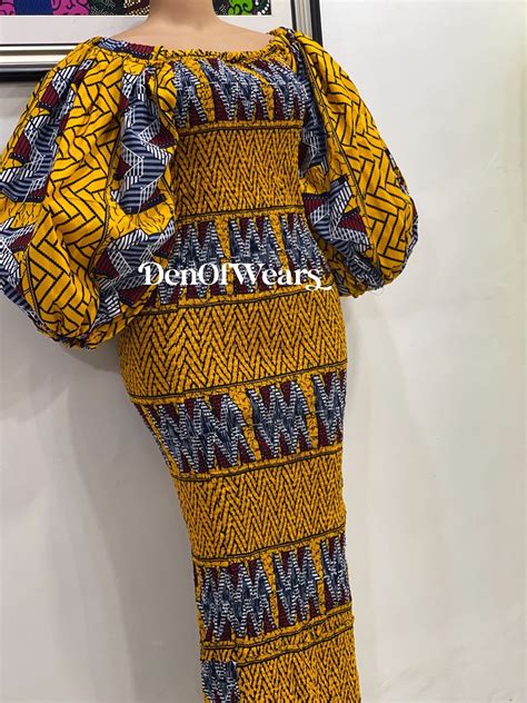 African Print Smocked Ankara Gown Yellow Off Shoulder Ankara Elastic