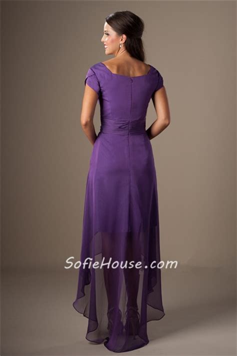 Modest Sweetheart Neckline Purple Chiffon High Low Bridesmaid Dress