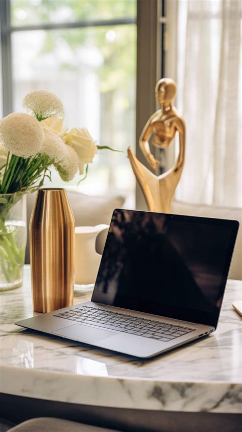 Close-up of home office desk, sleek laptop paired with designer stationary