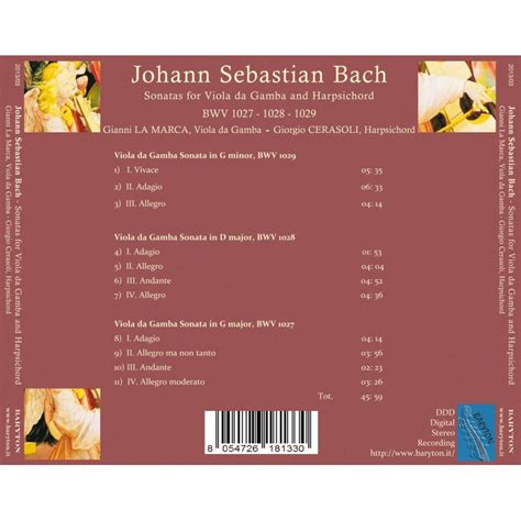 J S Bach Sonatas For Viola Da Gamba And Harpsichord BARYTON