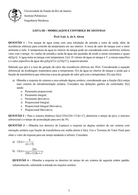 Lista Iii Modelagem E Controle De Sistemas 1 Universidade Do Estado